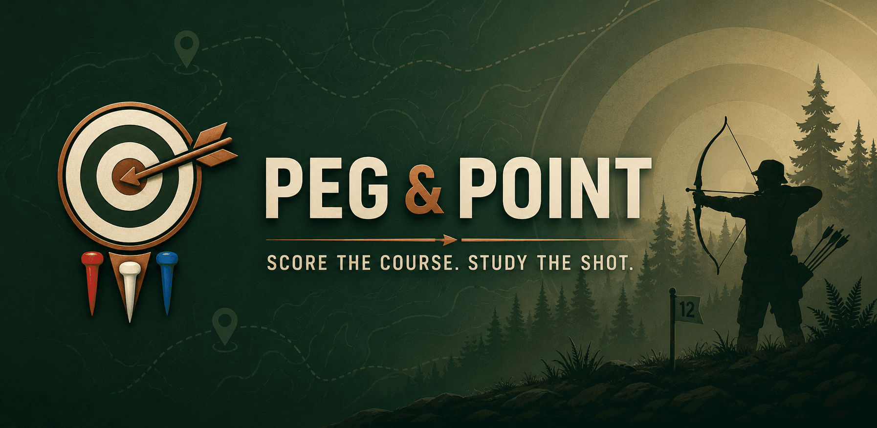 Peg & Point field archery artwork with woodland course markers and an archer